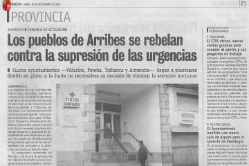 Los pueblos de Las Arribes se rebelan contran la supresión de las urgencias   La Gaceta, 24 de septiembre de 2012